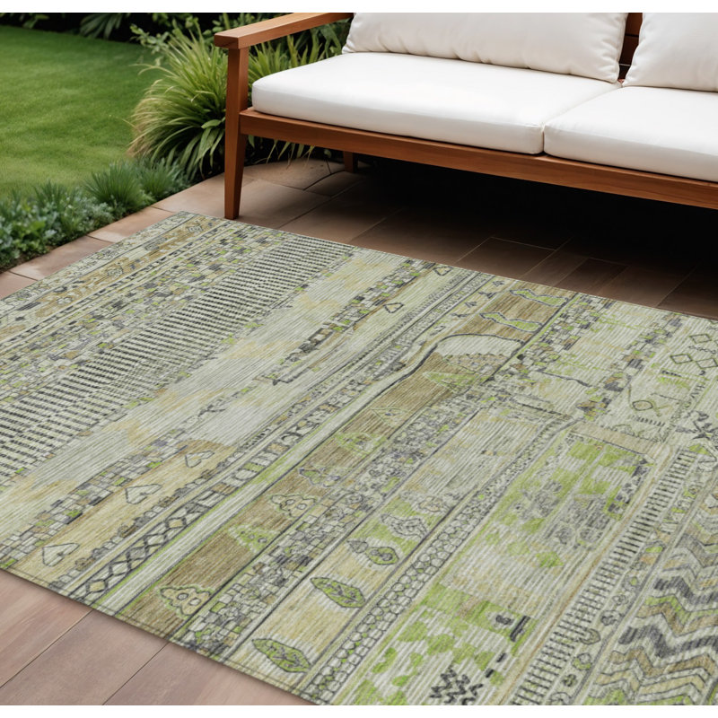 Tapis intérieur/extérieur lavable à rayures beiges et vert menthe, 3 m x 4,2 m