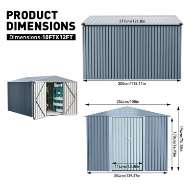 10x12 FT Metal Storage Shed for Outdoor – Steel Yard Shed with Lockable Doors, Utility and Tool Storage for Garden, Backyard, Patio, Outside Use