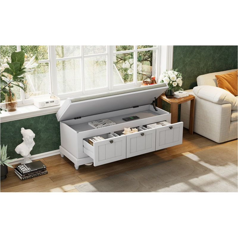 Banc à chaussures avec coussin et trois tiroirs, Gris clair