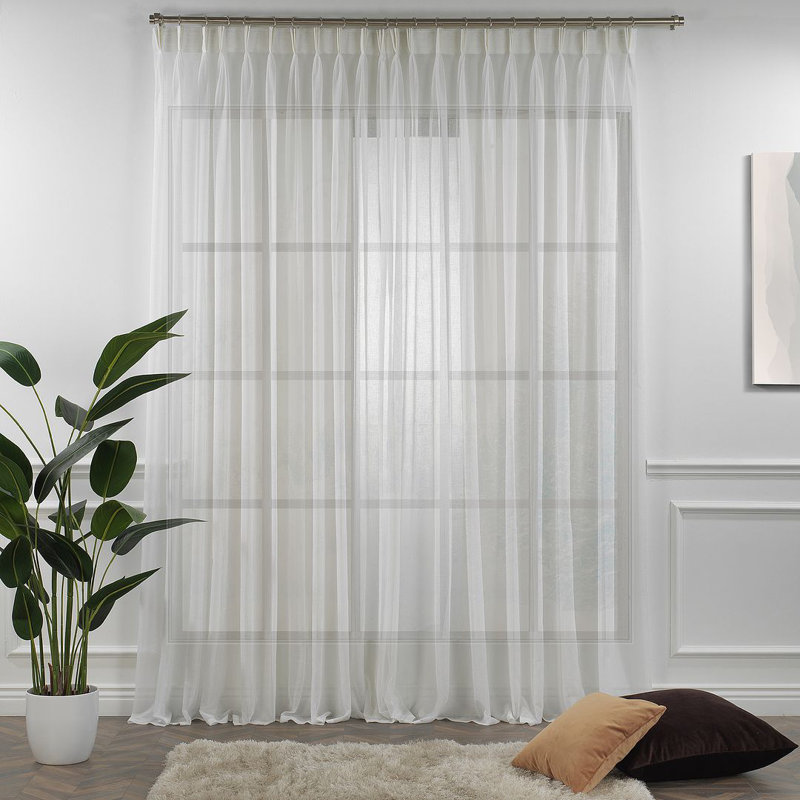 Triple Pinch Pleated Extra Long and Extra Wide Faux Linen Sheer Single Panel, Cream, 52" W x 45" L