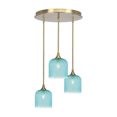 Luminaire suspendu grappe à 3 lumières Kieisha Empire avec verre texturé turquoise 7 po