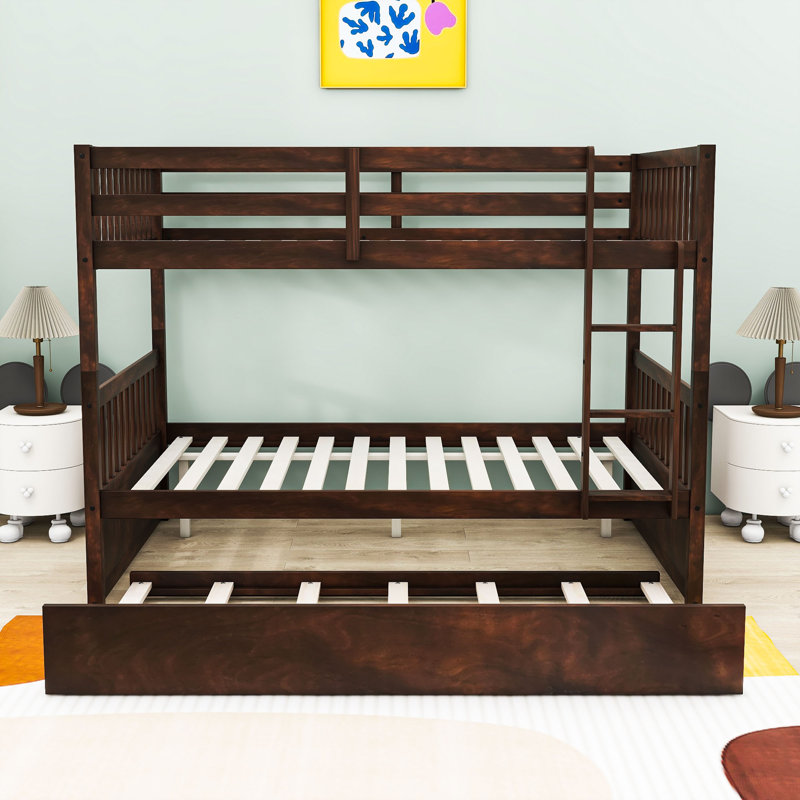 Full Over Full Wood Bunk Bed With Trundle, Ladder And Guardrails