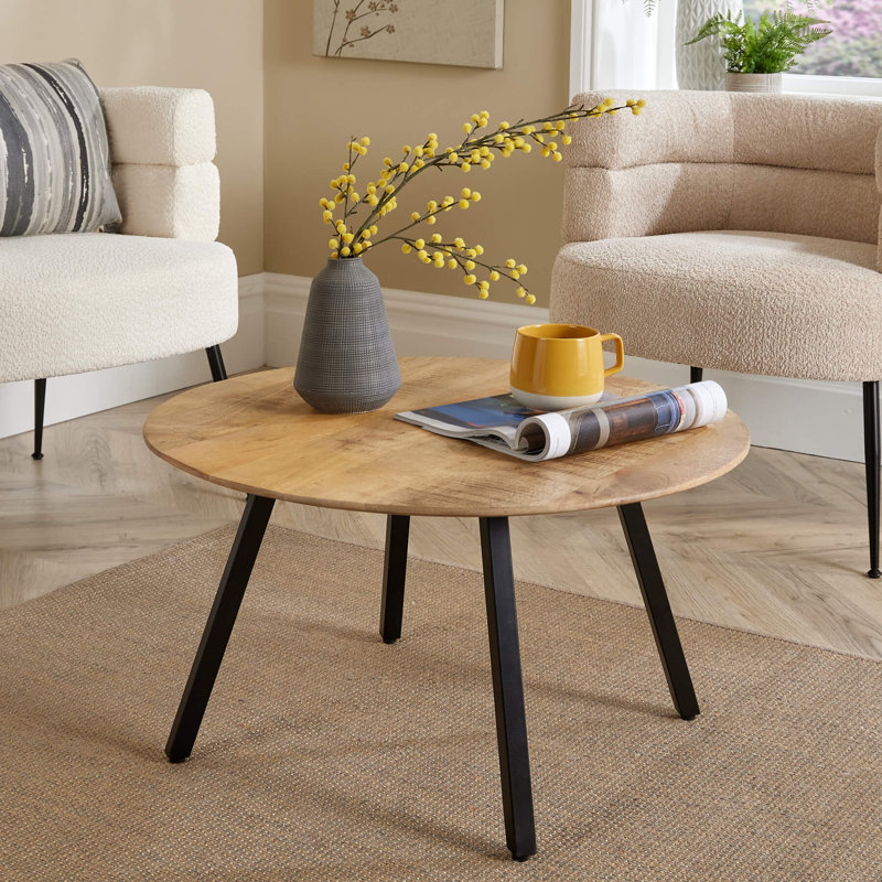 Agota Round Solid Mango Wood Coffee Table, Natural Wood