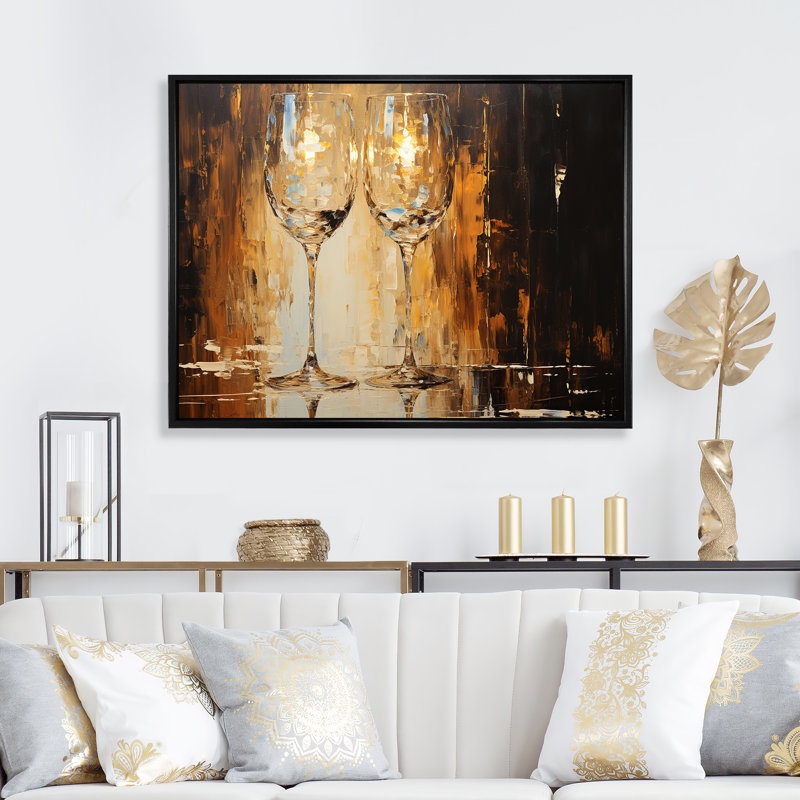 Or et bulles de verre champagne - Art mural champagne, Cadre flottant noir, H 16 po x l 32 po x P 1 po