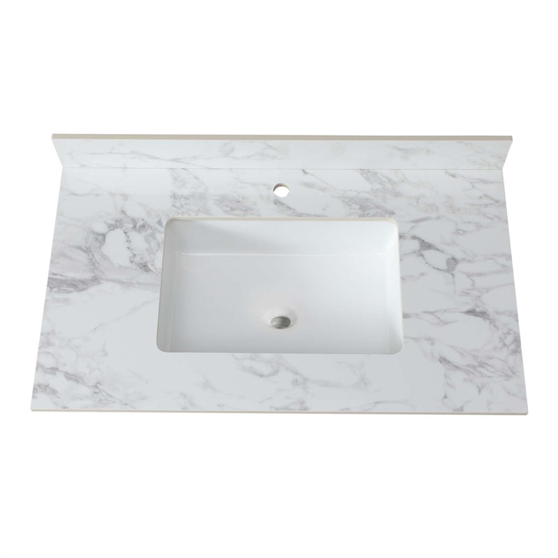 Dessus de meuble-lavabo de salle de bain, dessus de meuble-lavabo en pierre frittée Carra Barthroom avec lavabo rectangulaire encastré en céramique avec dosseret de meuble-lavabo, comptoir de meuble-lavabo à un trou