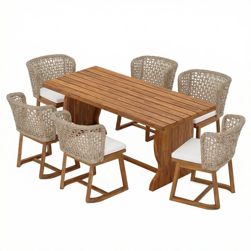 Ensemble repas 7 pièces en bois d'acacia avec osier Alleyton