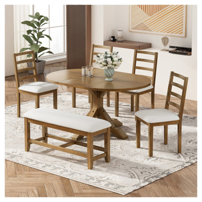 Farmhouse 6-Piece Extendable Pedestal Dining Set with Bench, Rubber Wood, Beige and Dark Brown