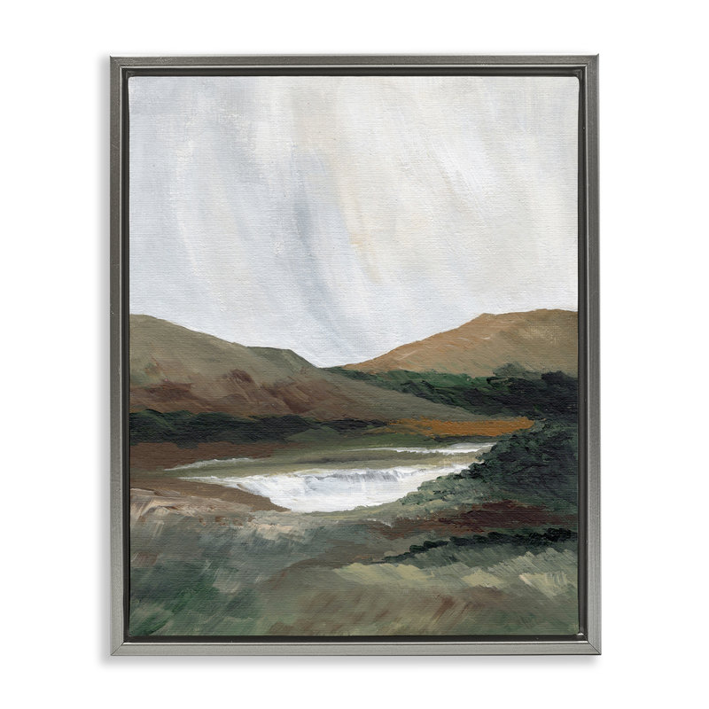"Deux montagnes avec étang", art mural encadré par Nikita Jariwala, Cadre flottant gris lustré, H 21 po x l 17 po