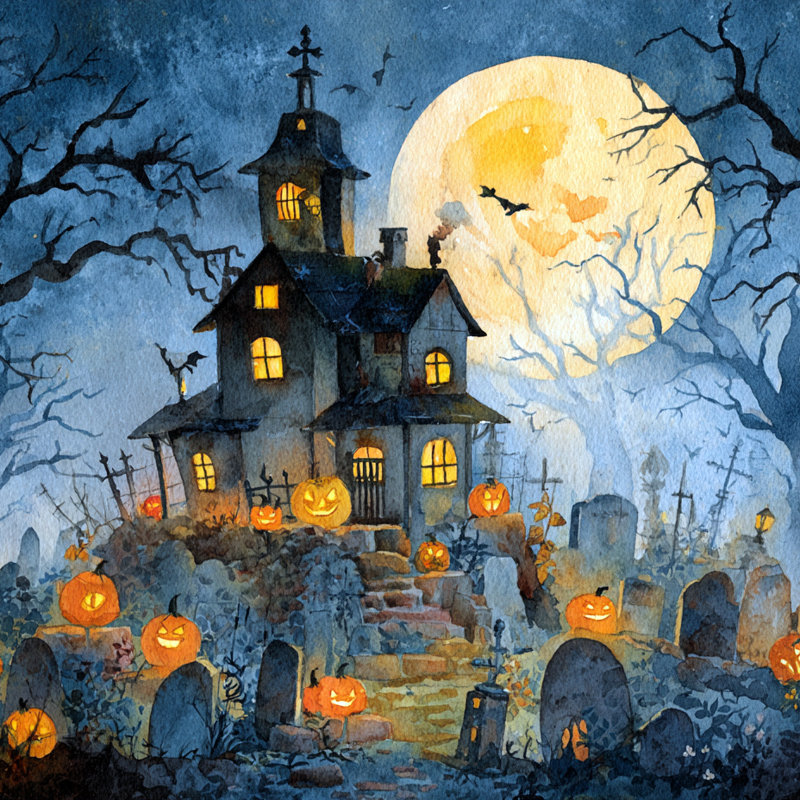 Art mural sur toile, "Graveyard Pumpkin House", H 30 po x l 30 po