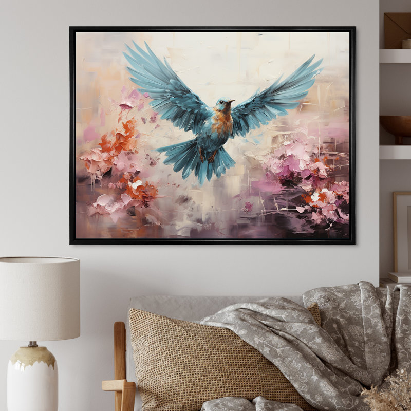 Cerulean Calm Graceful Dove sur toile, Cadre flottant noir, H 24 po x l 32 po x P 1 po