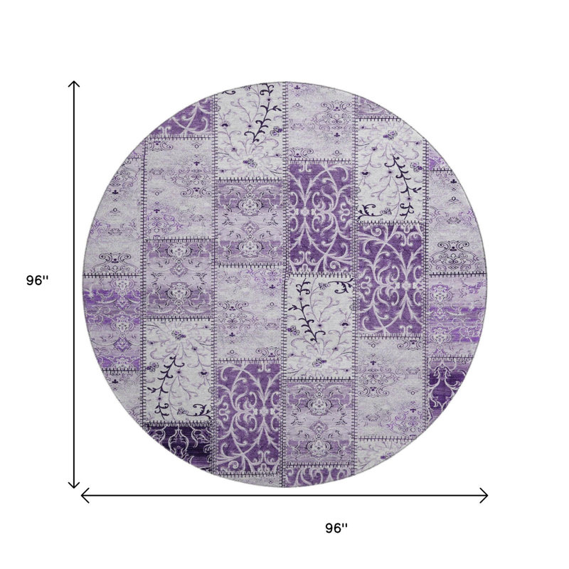 8' Purple And Ivory Patchwork Distressed Washable Round Rug With UV Protection