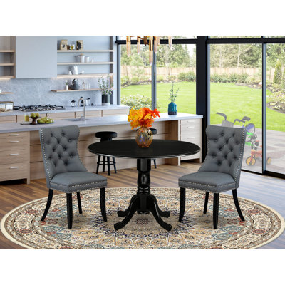 Ensemble de table de salle à manger 3 pièces composé d'une table de cuisine ronde avec Dropleaf et 2 chaises Parson rembourrées en tissu de polyester, 42 x 42 pouces, noir