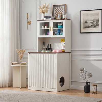 Extra-Large Enclosure for Self-Cleaning Cat Litter Boxes, Wooden Cat Litter Furniture with Fluted Doors and an Adjustable Shelf, Antique White