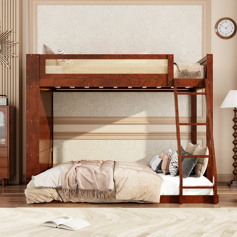 Lit superposé simple au dessus d'un lit double avec tablette de rangement et lumière DEL, cadre de lit pour enfant en bois, espresso