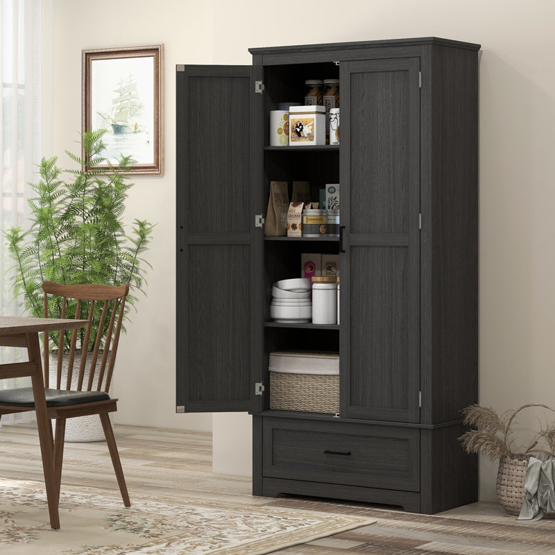 Rangement pour garde-manger de 69 po de hauteur avec 2 portes, un tiroir et des tablettes réglables, Black