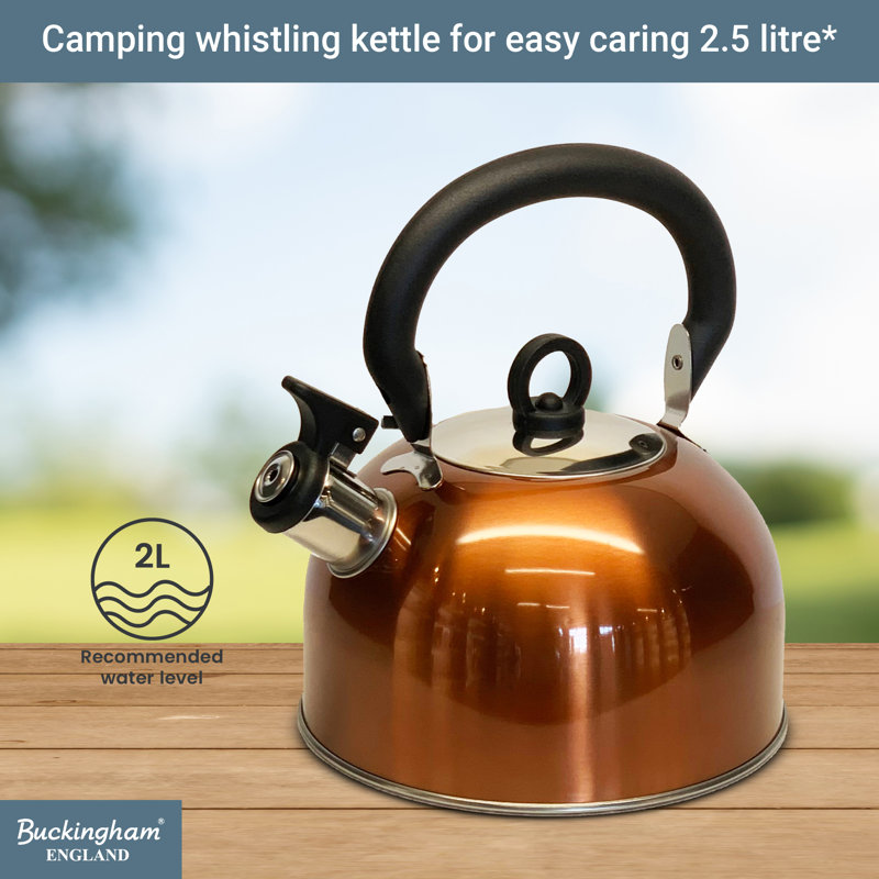 Buckingham Camping Whistling Kettle Stainless Steel with Heat-Resistant Handle 2.5 Litres, Copper
