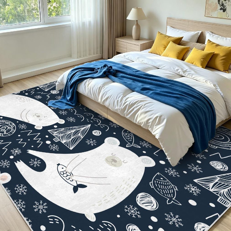 Tapis d'intérieur bleu lavable à la machine, avec de jolis motifs d'ours polaires et de poissons., Rectangle 71" x 98"