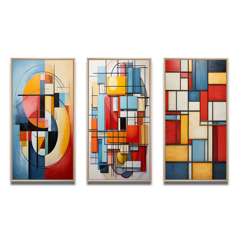 " Geometric Abstraction Focus I " 3 - Pieces, Natural Framed, 32" H x 48" W