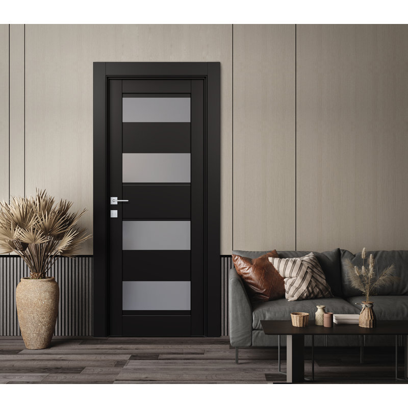 Dalle de porte en bois manufacturé et en verre Della, 18 po x 96 po, Noir mat