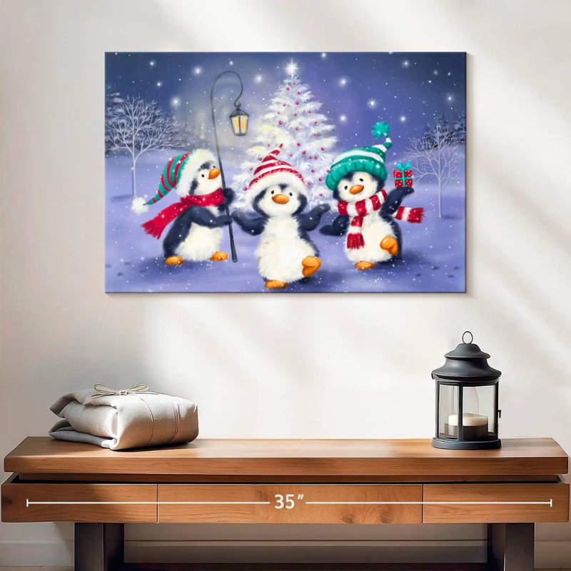 Trois pingouins avec arbre de Noël, H 16 po x l 24 po