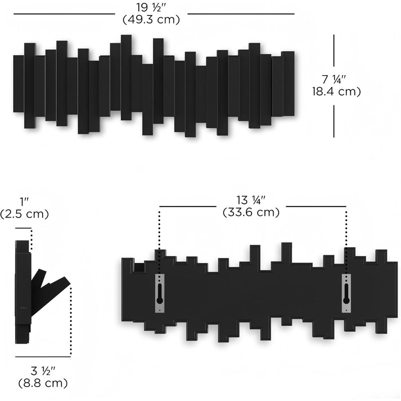 Portemanteau mural, 5 crochets rétractables, noir