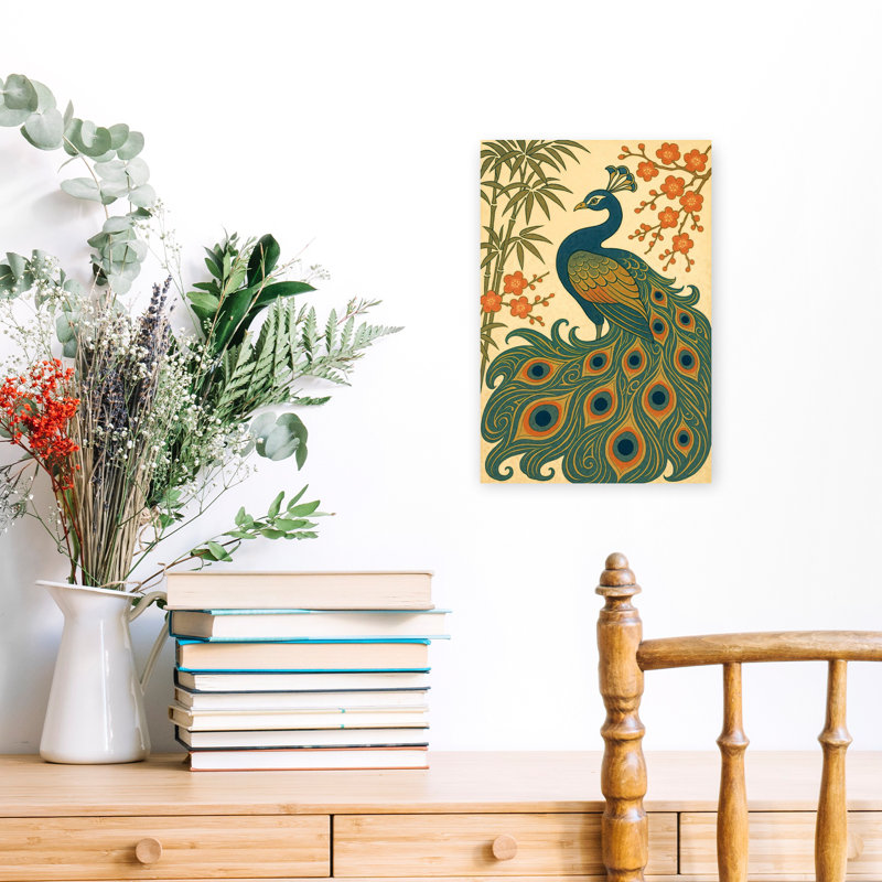 «Elegant Peacock Plum Blossoms Elegant Vibrant Contemporary Bamboo Bird Cherry Flower Nature», art mural, H 18 po x l 12 po