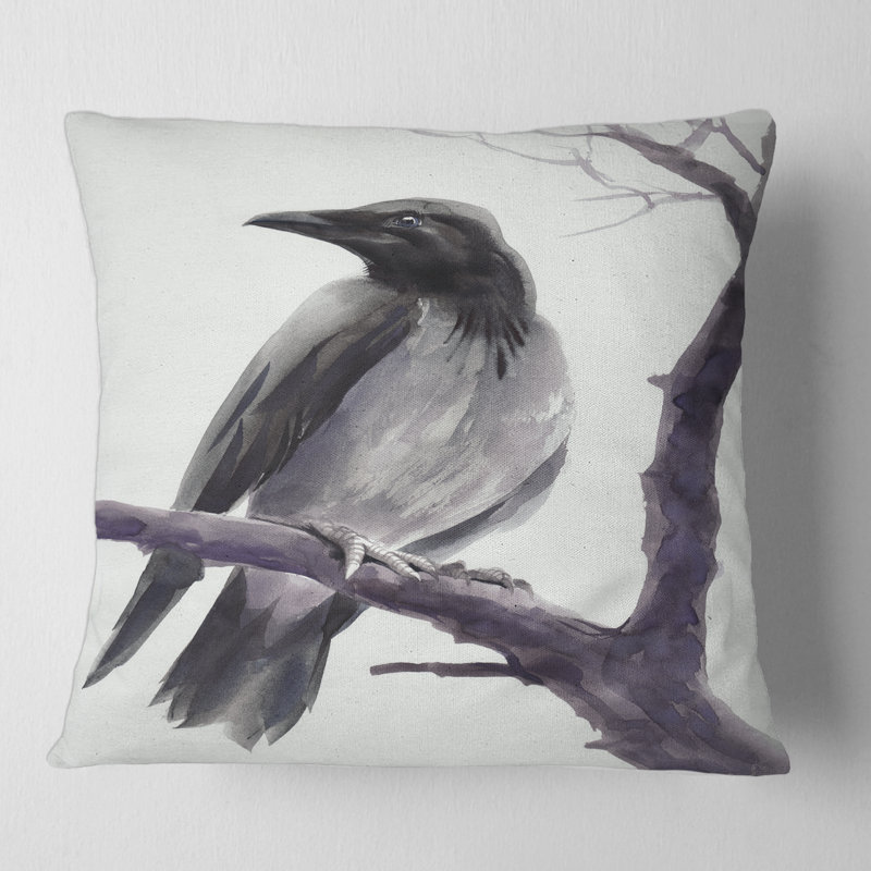 Grand corbeau sur une branche - coussin traditionnel imprimé, 18" x 18"
