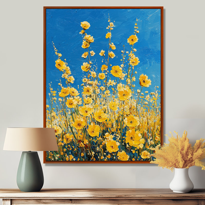 «Yellow Daylight Joy Wildflowers III - Wildflowers», art encadré, H 44 po x l 34 po, Reproduction avec cadre flottant, Brun