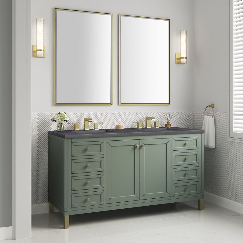 Chicago 60'' W Double Vanity, Smokey Celadon, Charcoal Soapstone, 8" Widespread