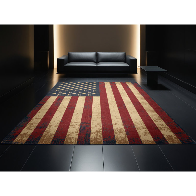 Soft Plush Feeney July 4Th Modern & Contemporary Abstract Area Rug in Brown – Navy Binding, 4x6