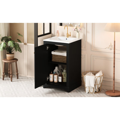 Meuble-lavabo contemporain noir de 20,1 po avec lavabo intégré, rangement à une porte, charnières à fermeture en douceur, tablette réglable, meuble-lavabo autoportant en pin massif et planches 20 po