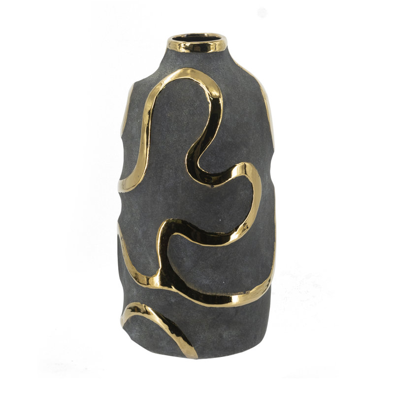 D7x14" Black Ceramic Vase With Abstract Gold Swirl Accents