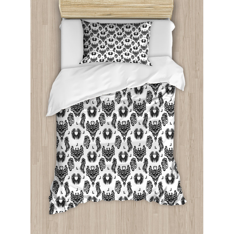 Twin Black and White Gothic Floral Duvet Cover Set