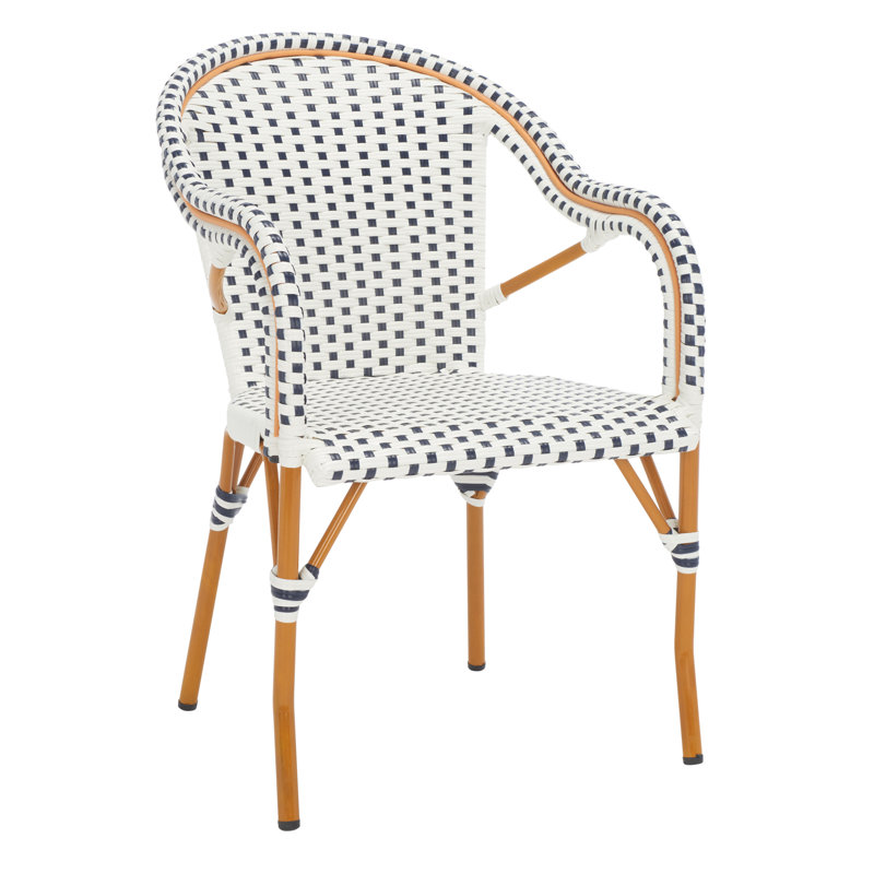 Pawel Wicker Premium All-Weather Wicker Outdoor Dining Armchair, White/Navy, Gold