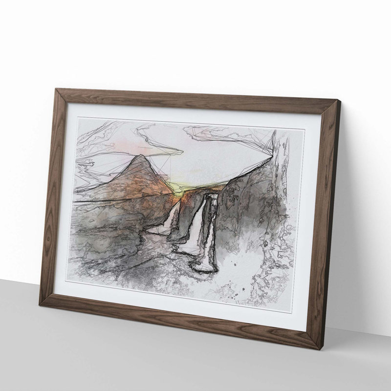 Kirkjufell Waterfalls & Mountain in Abstract - Picture Frame Graphic Art Print, 35cm H x 50cm W x 2cm D, Walnut