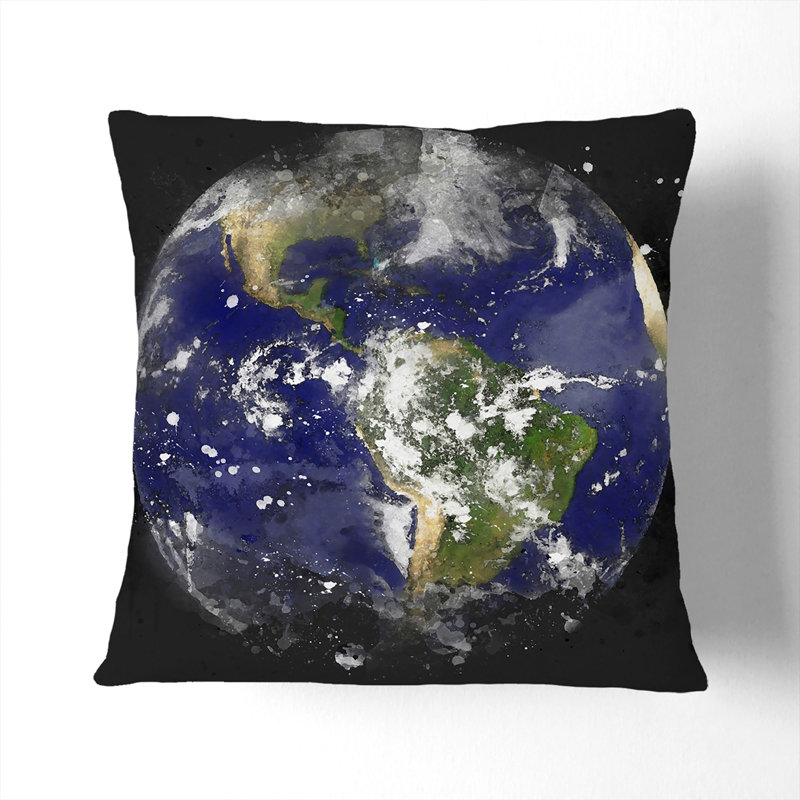 Satellite Image of Earth Cushion with Filling, White, 40cm H x 40cm W x 15cm D