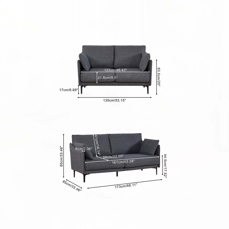 Canapé 2 places avec 2 coussins, pieds Metel, H 33,46 po x l 53,14 po x P 33,46 po, Gris