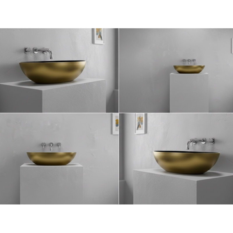 Lavabo vasque en laiton vieilli / vert L 24 po x l 13,8 po Vast Studio - comptoir ovale avec intérieur blanc lisse, finition métallique luxueuse et conception sculptée d'inspiration spa moderne