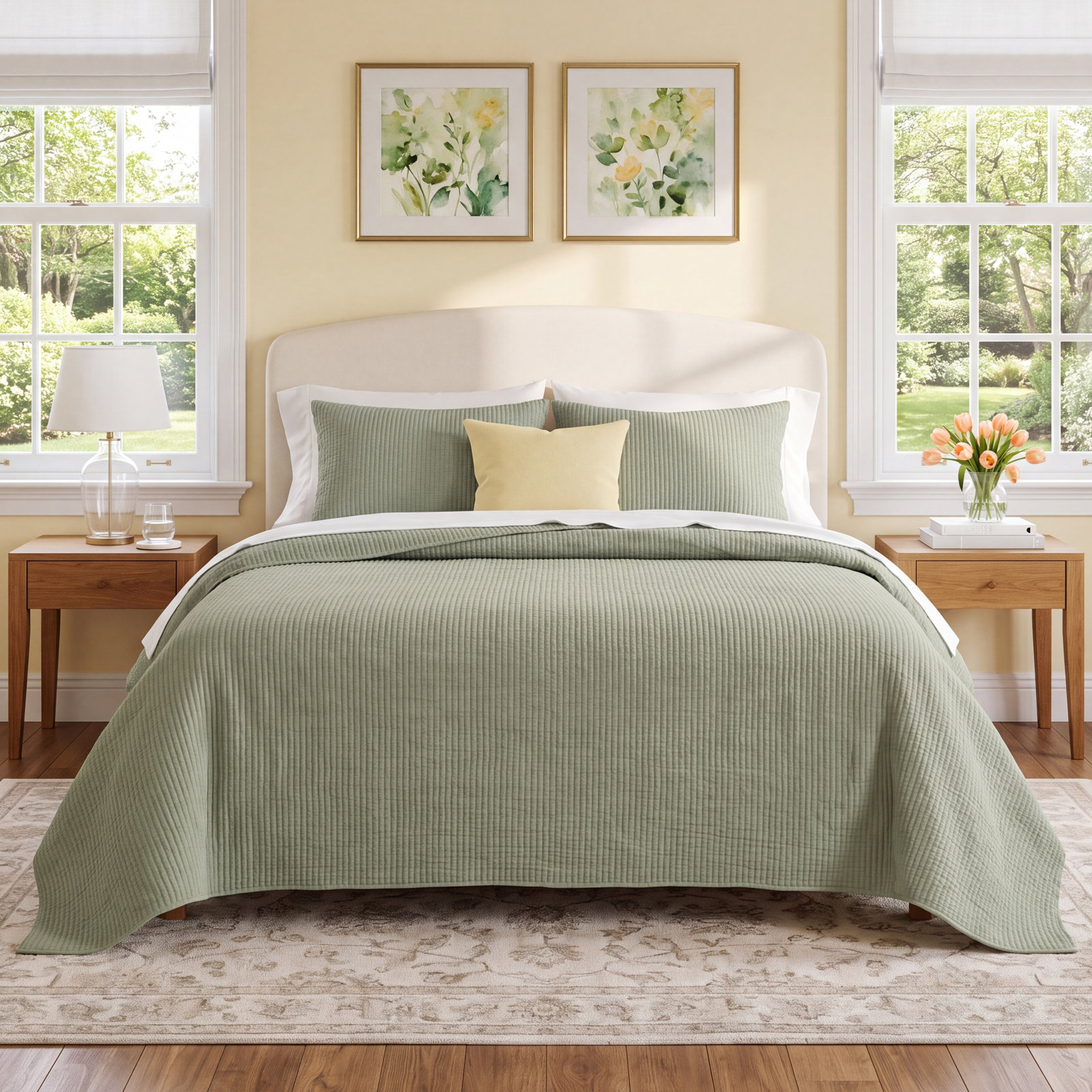 Ribbed Cotton Coverlet Set, King Quilt + 2 King Shams, Sage Green