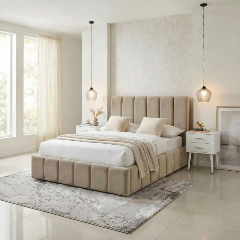 Rudasill Upholstered Ottoman Storage Bed Frame - Vertically Stitched Contemporary Headboard, Taupe Velvet, King