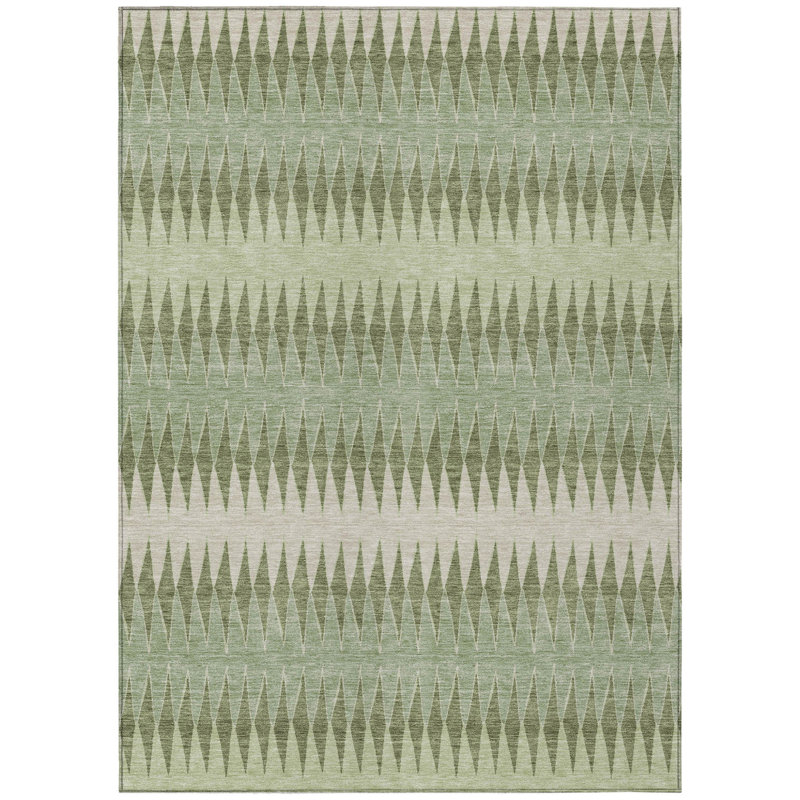 3' X 5' Artichoke Green And Light Green Striped Washable Indoor Outdoor Area Rug
