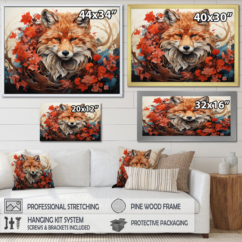 Japon Art Mystical Kitsune I - Japan Art Wall Decor, H 24 po x l 32 po, Cadre naturel flottant
