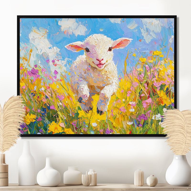 Durke, mignon agneau printanier s'amusant à la grange - mouton, art mural, Noir, H 24 po x l 32 po, Picture Framed
