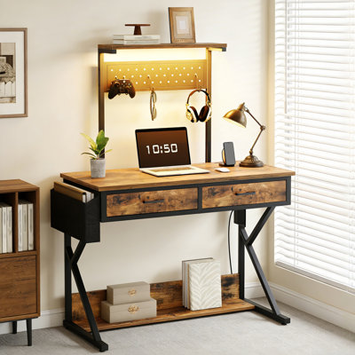 39.4" Mobile Computer Desk Rolling Home Office Table With Power Strip And LED Lights