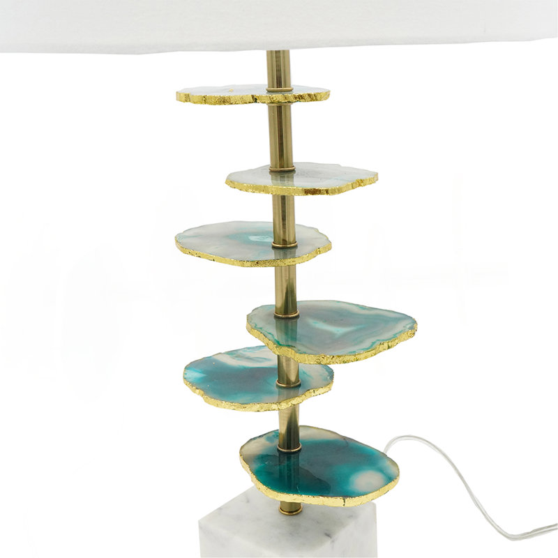 15x29.5" Blue and White Agate Slice Table Lamp with Marble Base, Green, Ivory