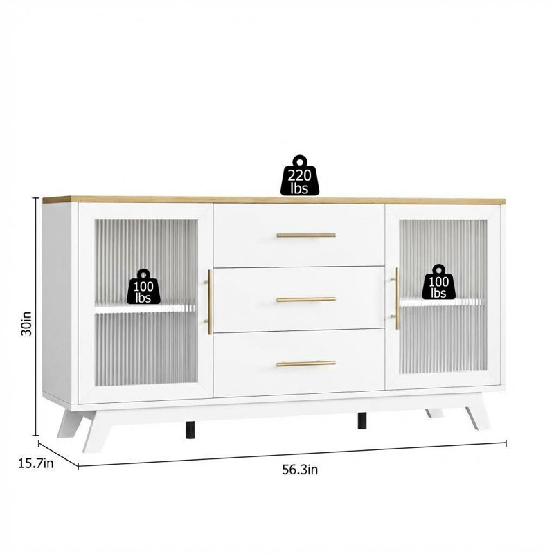 Buffet 56 "blanc avec rangement Buffet avec tablettes réglables et portes en verre cannelé