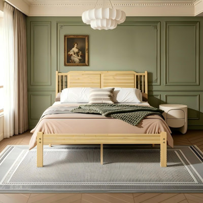 14 Inch Full Size Bed Frame, Solid Wood Platform Bed With Slatted Headboard & Slats Support, No Box Spring Needed, Easy Assembly, Natural