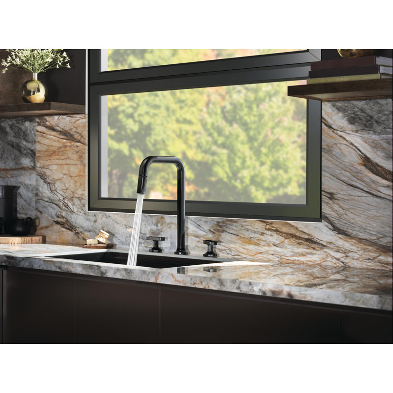 Kintsu® Widespread Pull-Down Faucet With Square Spout, Matte Black, Knob Handle