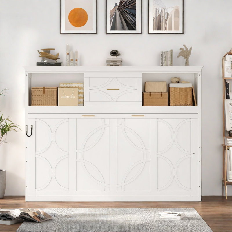 Lit escamotable avec station de charge, 2 armoires de rangement et 1 tiroir, Blanc