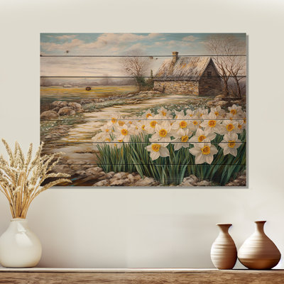 Blanc et jaune, jonquilles, charme champêtre - fleurs, art mural sur bois de pin naturel